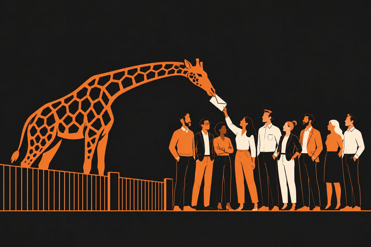 An orange giraffe hands an envelope over the fence to people on the ground.