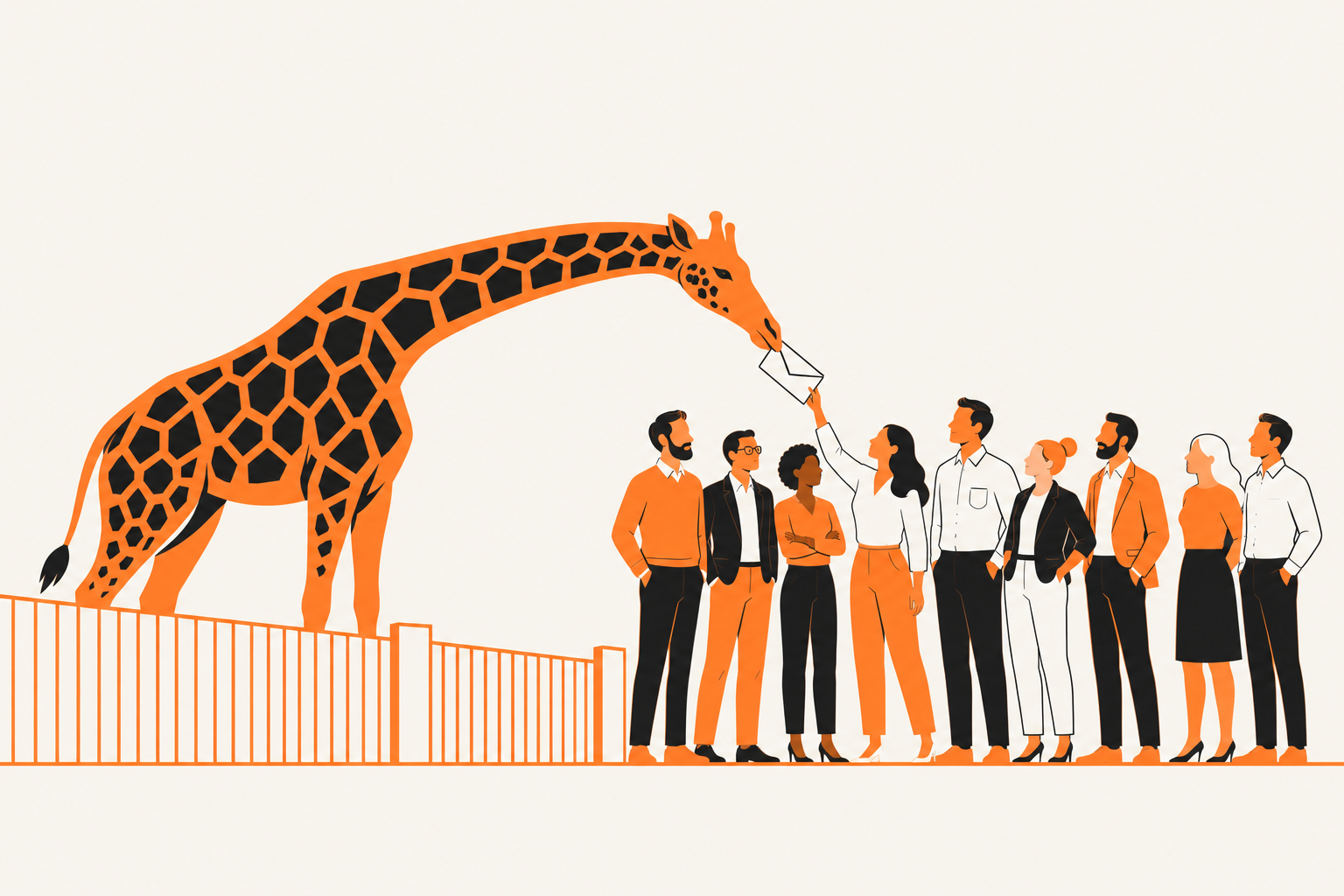 An orange giraffe reaches over a fence to hand an envelope to a person among a group of potential buyers standing on the ground.